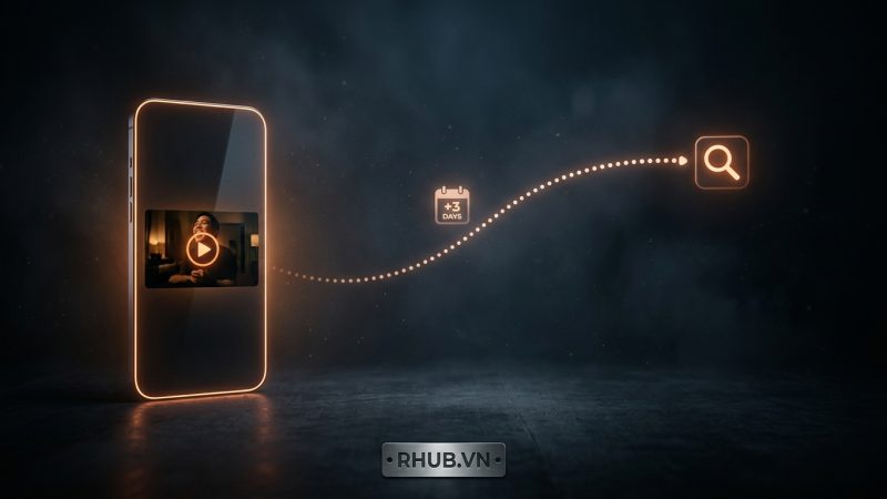 Một video TikTok phát sáng nối bằng đường chấm mờ dần đến biểu tượng tìm kiếm vài ngày sau
