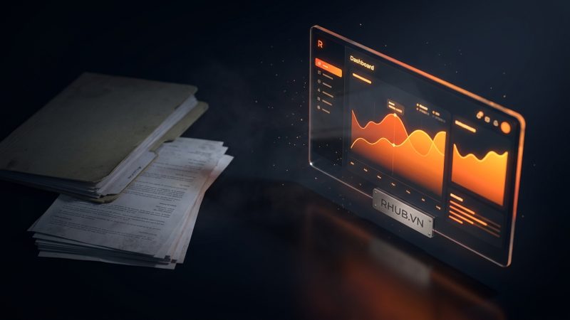 So sánh chồng giấy báo cáo cũ kỹ bên trái và bảng dashboard phát sáng thời gian thực bên phải