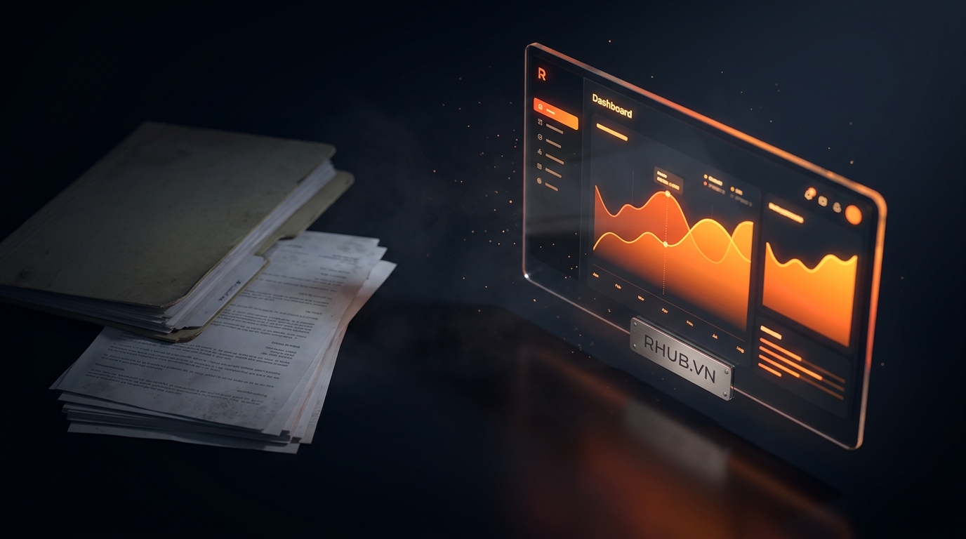 So sánh chồng giấy báo cáo cũ kỹ bên trái và bảng dashboard phát sáng thời gian thực bên phải